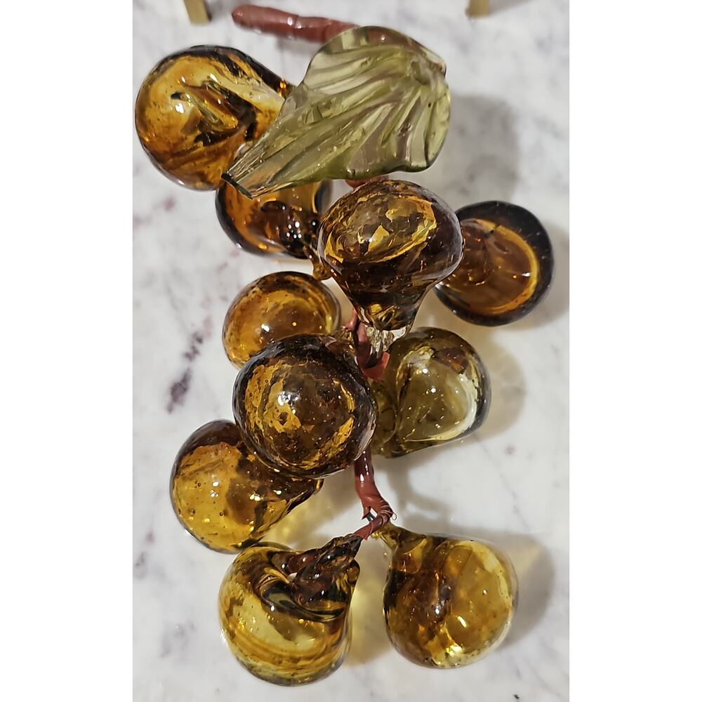 Vintage Handblown Amber Murano Glass Grapes Cluster Leaf MCM Decorative Glass